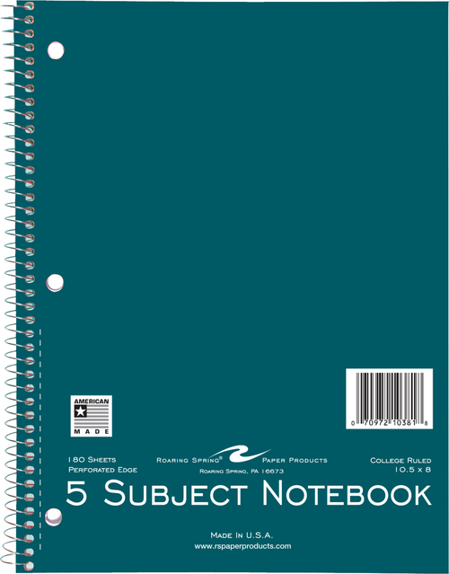 NOTEBOOK 10.5x8 180 SHEETS 5 SUBJECT